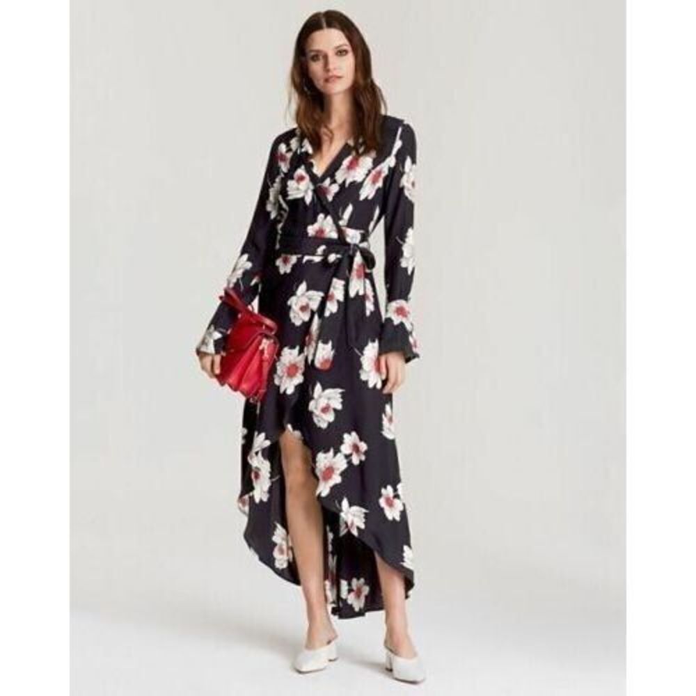Equipment Dress Silk Wrap Maxi Gowin Size X- Small Floral Black Red Long Sleeve